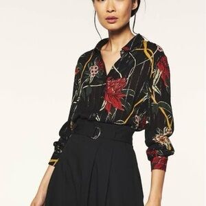 Ba&sh Sz 4 Black Floral Metallic Festive Button Front Blouse